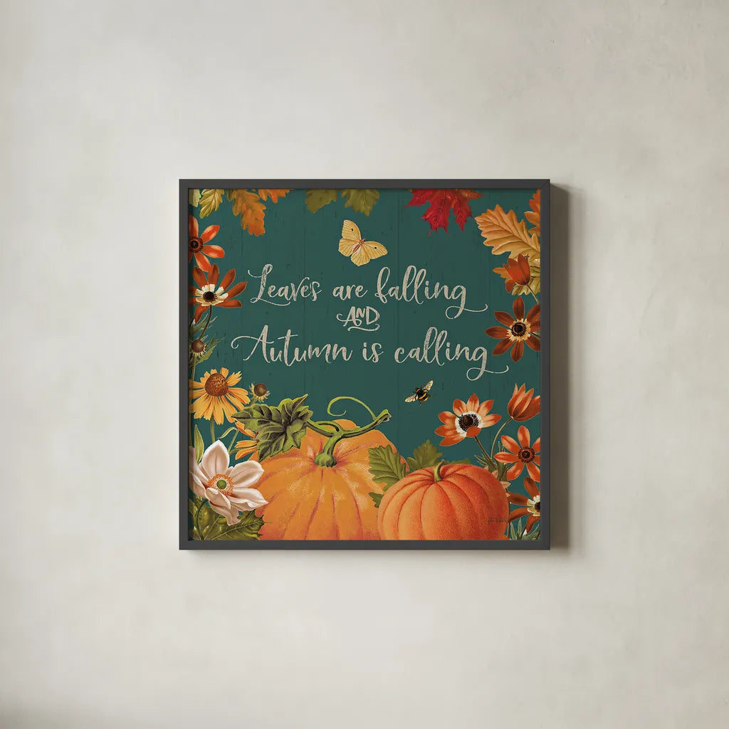 Fall Garden III Teal by Katie Pertiet. Shown in a sleek black glass frame for a contemporary gallery look. Available as an archival giclee rolled canvas, fine art paper, or poster print. SKU 46299a.