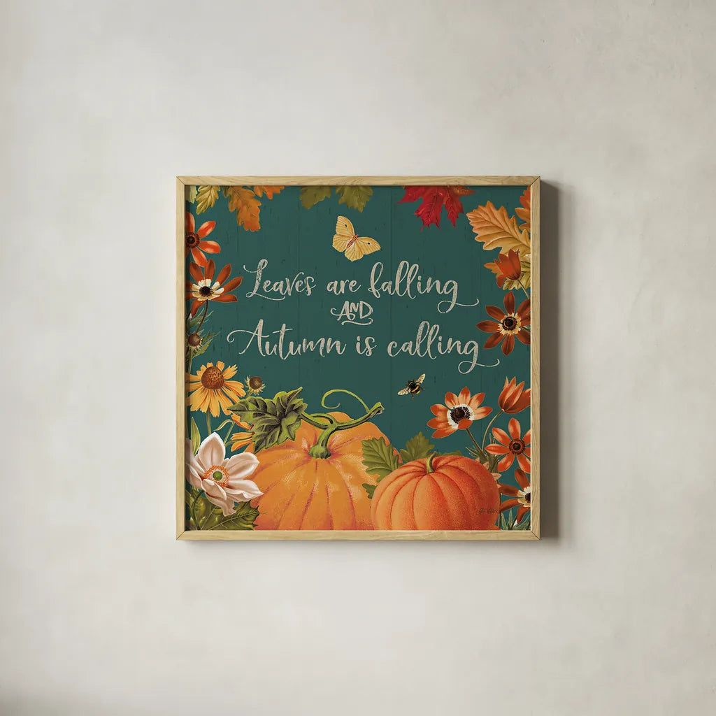 Fall Garden III Teal by Katie Pertiet. Shown in a natural wood glass frame for a timeless modern aesthetic. Available as an archival giclee rolled canvas, fine art paper, or poster print. SKU 46299a.