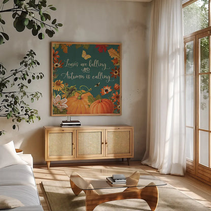 Fall Garden III Teal by Katie Pertiet. Shown in a natural wood frame in a cozy modern living room. Available as an archival giclee rolled canvas, fine art paper, or poster print. SKU 46299a.