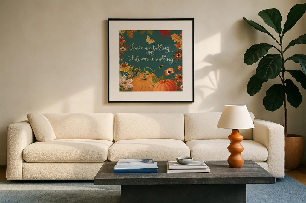 Fall Garden III Teal by Katie Pertiet. Displayed in a glass frame with matte in a clean modern living room. Available as an archival giclee rolled canvas, fine art paper, or poster print. SKU 46299a.