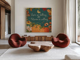 Fall Garden III Teal by Katie Pertiet. Shown as extra-large giant wall art in a modern living room. Available as an archival giclee rolled canvas, fine art paper, or poster print. SKU 46299a.
