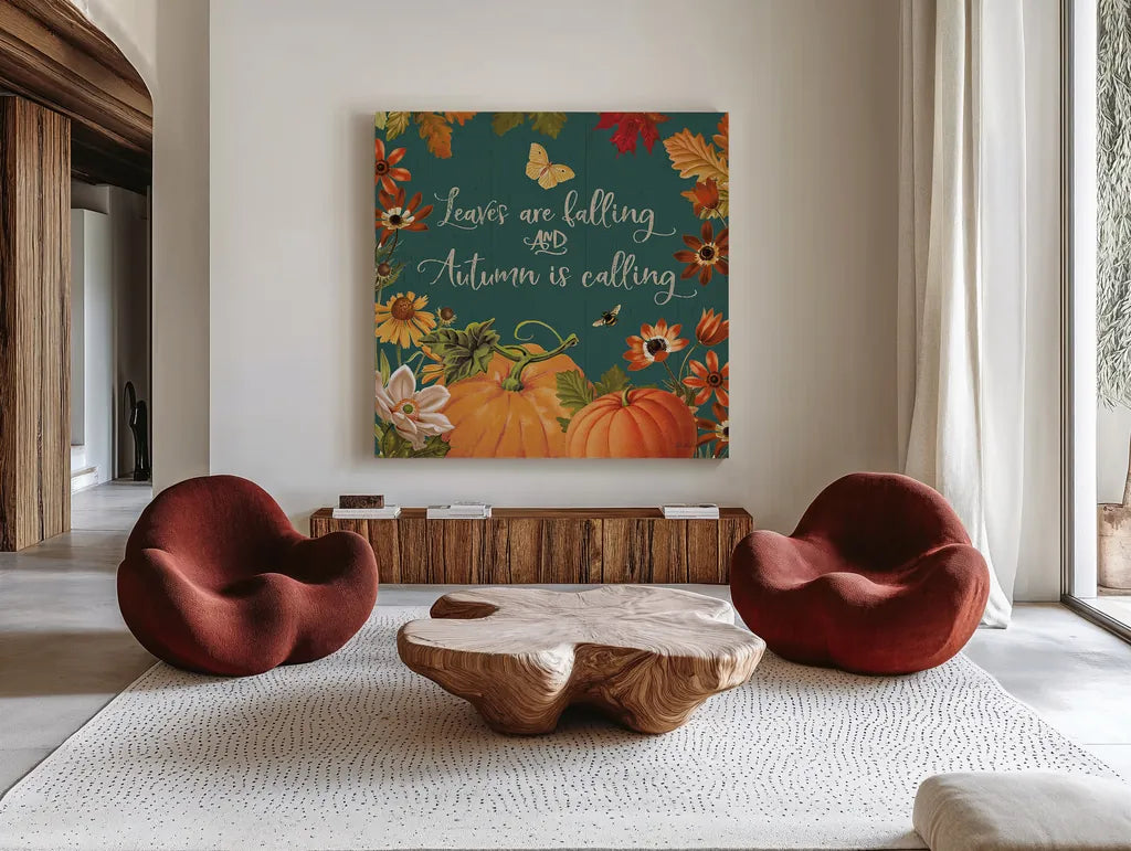 Fall Garden III Teal by Katie Pertiet. Shown as extra-large giant wall art in a modern living room. Available as an archival giclee rolled canvas, fine art paper, or poster print. SKU 46299a.