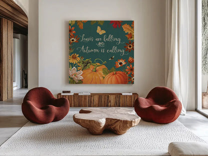 Fall Garden III Teal by Katie Pertiet. Shown as extra-large giant wall art in a modern living room. Available as an archival giclee rolled canvas, fine art paper, or poster print. SKU 46299a.