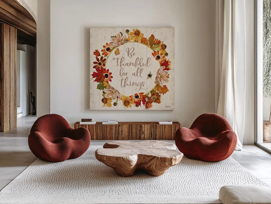 Fall Garden IV by Katie Pertiet. Shown as extra-large giant wall art in a modern living room. Available as an archival giclee rolled canvas, fine art paper, or poster print. SKU 46295a.