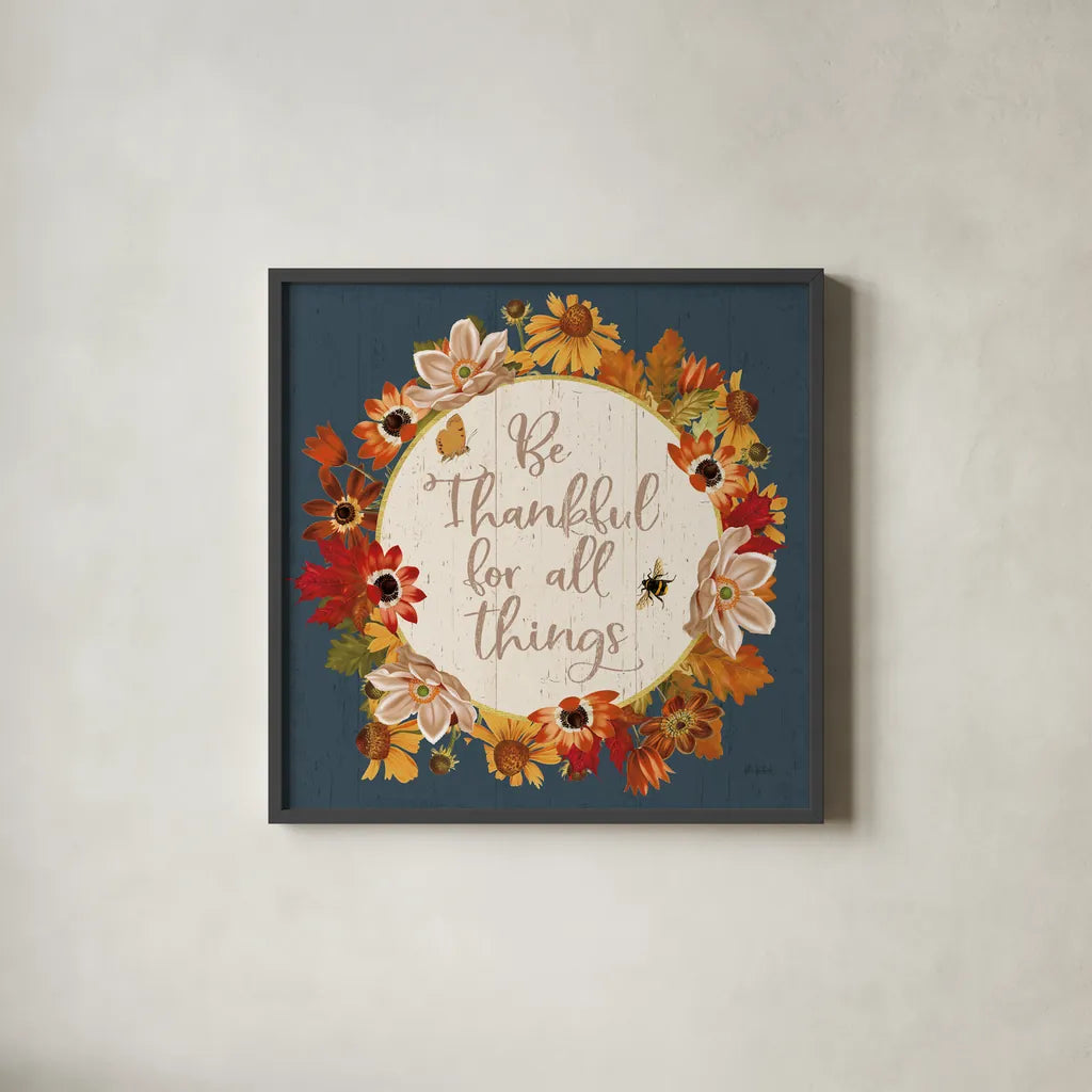 Fall Garden IV Blue by Katie Pertiet. Shown in a sleek black glass frame for a contemporary gallery look. Available as an archival giclee rolled canvas, fine art paper, or poster print. SKU 47829a.