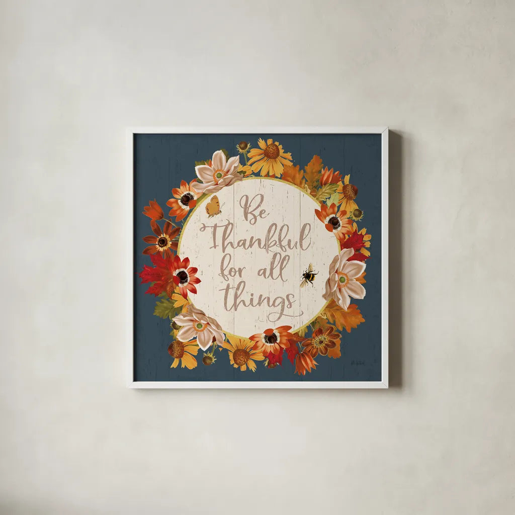 Fall Garden IV Blue by Katie Pertiet. Shown in a crisp white glass frame for a clean and minimalist style. Available as an archival giclee rolled canvas, fine art paper, or poster print. SKU 47829a.