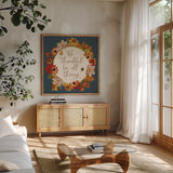 Fall Garden IV Blue by Katie Pertiet. Shown in a natural wood frame in a cozy modern living room. Available as an archival giclee rolled canvas, fine art paper, or poster print. SKU 47829a.