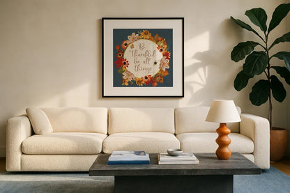 Fall Garden IV Blue by Katie Pertiet. Displayed in a glass frame with matte in a clean modern living room. Available as an archival giclee rolled canvas, fine art paper, or poster print. SKU 47829a.