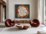 Fall Garden IV Blue by Katie Pertiet. Shown as extra-large giant wall art in a modern living room. Available as an archival giclee rolled canvas, fine art paper, or poster print. SKU 47829a.