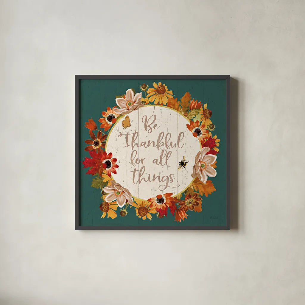 Fall Garden IV Teal by Katie Pertiet. Shown in a sleek black glass frame for a contemporary gallery look. Available as an archival giclee rolled canvas, fine art paper, or poster print. SKU 46300a.