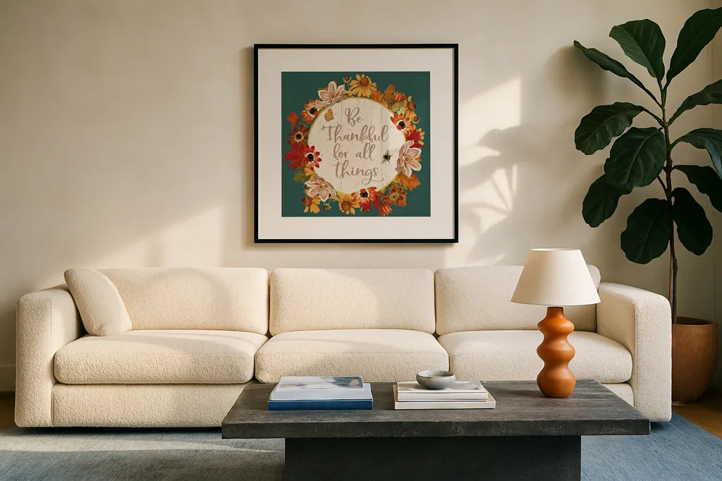 Fall Garden IV Teal by Katie Pertiet. Displayed in a glass frame with matte in a clean modern living room. Available as an archival giclee rolled canvas, fine art paper, or poster print. SKU 46300a.