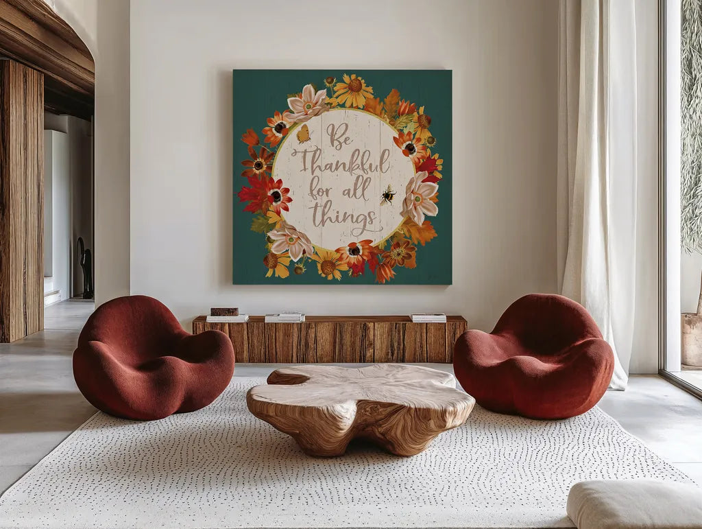 Fall Garden IV Teal by Katie Pertiet. Shown as extra-large giant wall art in a modern living room. Available as an archival giclee rolled canvas, fine art paper, or poster print. SKU 46300a.