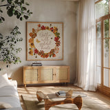 Fall Garden V by Katie Pertiet. Shown in a natural wood frame in a cozy modern living room. Available as an archival giclee rolled canvas, fine art paper, or poster print. SKU 46296a.