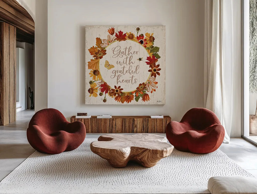Fall Garden V by Katie Pertiet. Shown as extra-large giant wall art in a modern living room. Available as an archival giclee rolled canvas, fine art paper, or poster print. SKU 46296a.