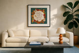 Fall Garden V Teal by Katie Pertiet. Displayed in a glass frame with matte in a clean modern living room. Available as an archival giclee rolled canvas, fine art paper, or poster print. SKU 46301a.