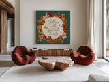 Fall Garden V Teal by Katie Pertiet. Shown as extra-large giant wall art in a modern living room. Available as an archival giclee rolled canvas, fine art paper, or poster print. SKU 46301a.