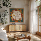 Fall Garden V Teal v2 by Katie Pertiet. Shown in a natural wood frame in a cozy modern living room. Available as an archival giclee rolled canvas, fine art paper, or poster print. SKU 47876a.