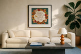 Fall Garden V Teal v2 by Katie Pertiet. Displayed in a glass frame with matte in a clean modern living room. Available as an archival giclee rolled canvas, fine art paper, or poster print. SKU 47876a.