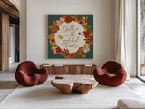 Fall Garden V Teal v2 by Katie Pertiet. Shown as extra-large giant wall art in a modern living room. Available as an archival giclee rolled canvas, fine art paper, or poster print. SKU 47876a.