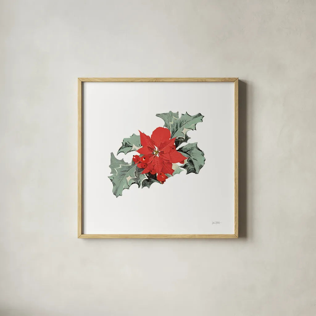 Farmhouse Christmas Floral I by Katie Pertiet. Shown in a natural wood glass frame for a timeless modern aesthetic. Available as an archival giclee rolled canvas, fine art paper, or poster print. SKU 64778a.