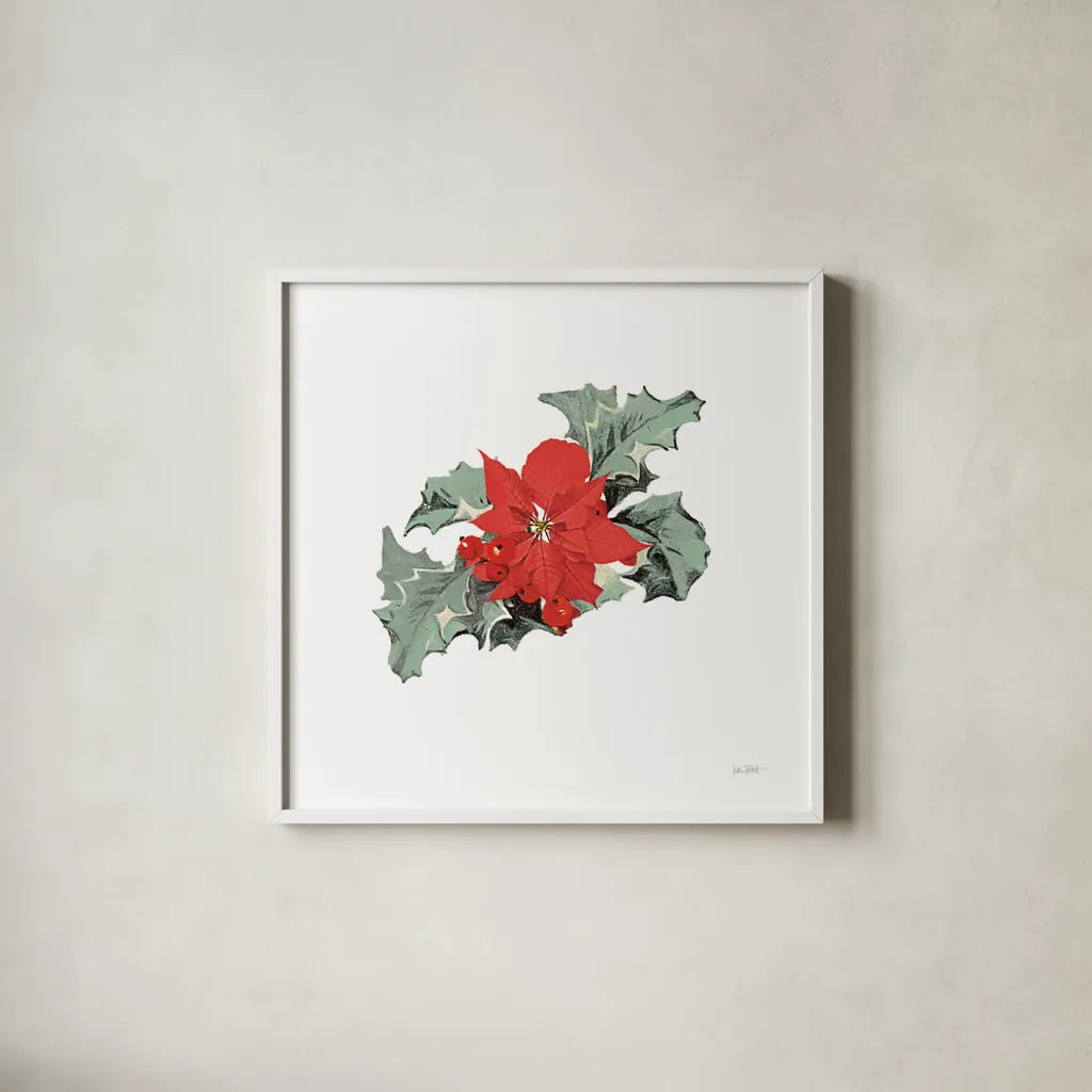 Farmhouse Christmas Floral I by Katie Pertiet. Shown in a crisp white glass frame for a clean and minimalist style. Available as an archival giclee rolled canvas, fine art paper, or poster print. SKU 64778a.