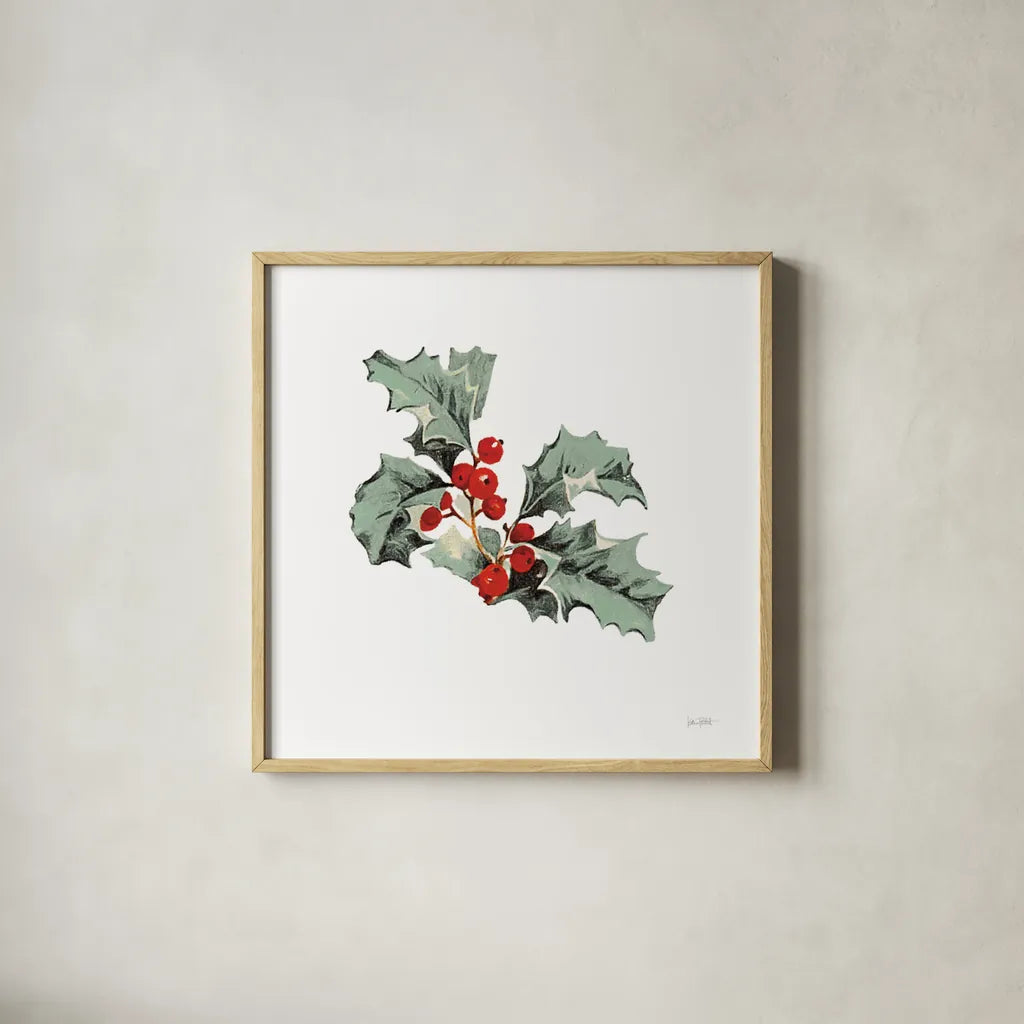Farmhouse Christmas Floral II by Katie Pertiet. Shown in a natural wood glass frame for a timeless modern aesthetic. Available as an archival giclee rolled canvas, fine art paper, or poster print. SKU 64779a.