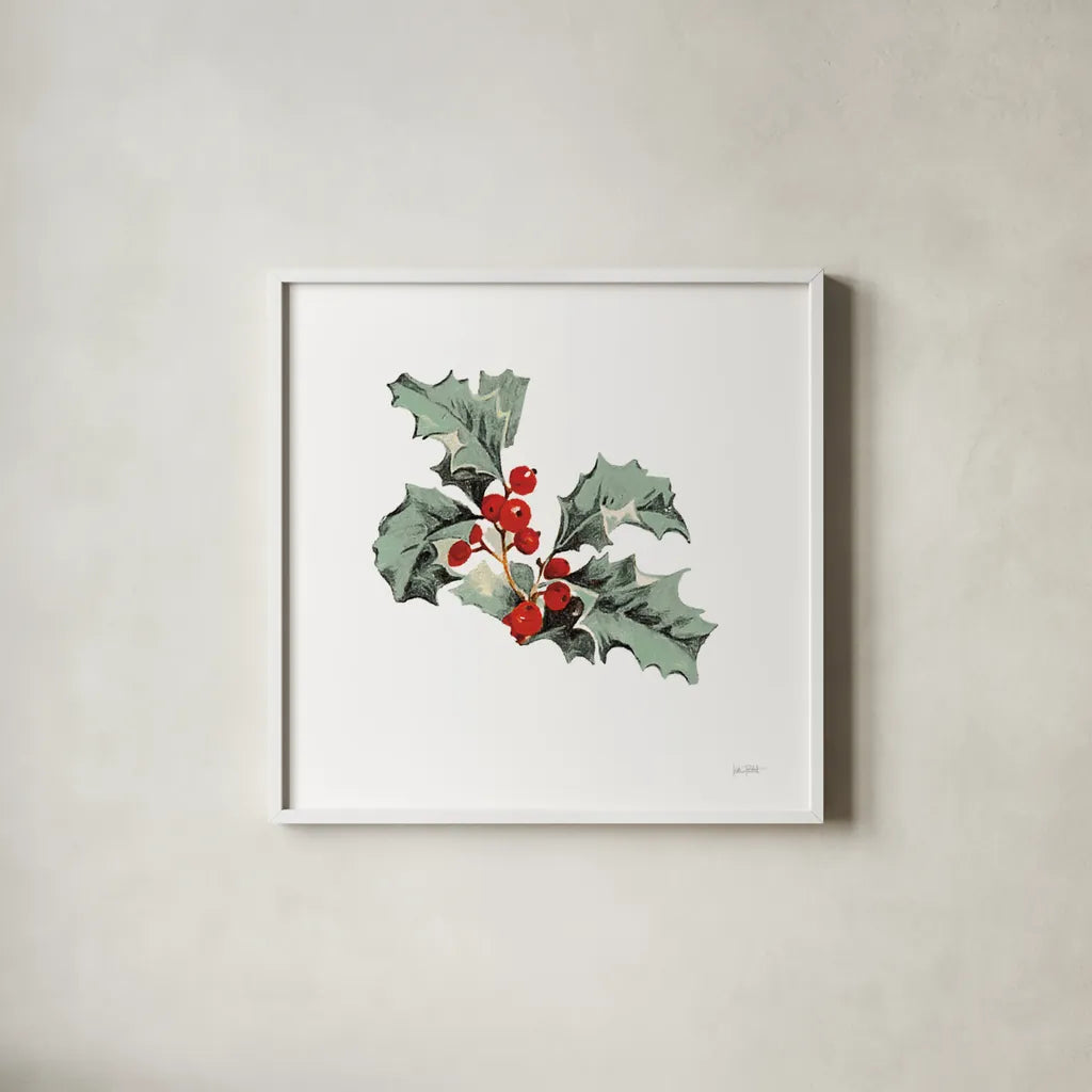 Farmhouse Christmas Floral II by Katie Pertiet. Shown in a crisp white glass frame for a clean and minimalist style. Available as an archival giclee rolled canvas, fine art paper, or poster print. SKU 64779a.