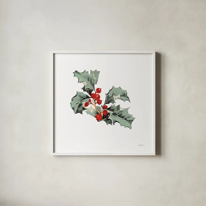 Farmhouse Christmas Floral II by Katie Pertiet. Shown in a crisp white glass frame for a clean and minimalist style. Available as an archival giclee rolled canvas, fine art paper, or poster print. SKU 64779a.