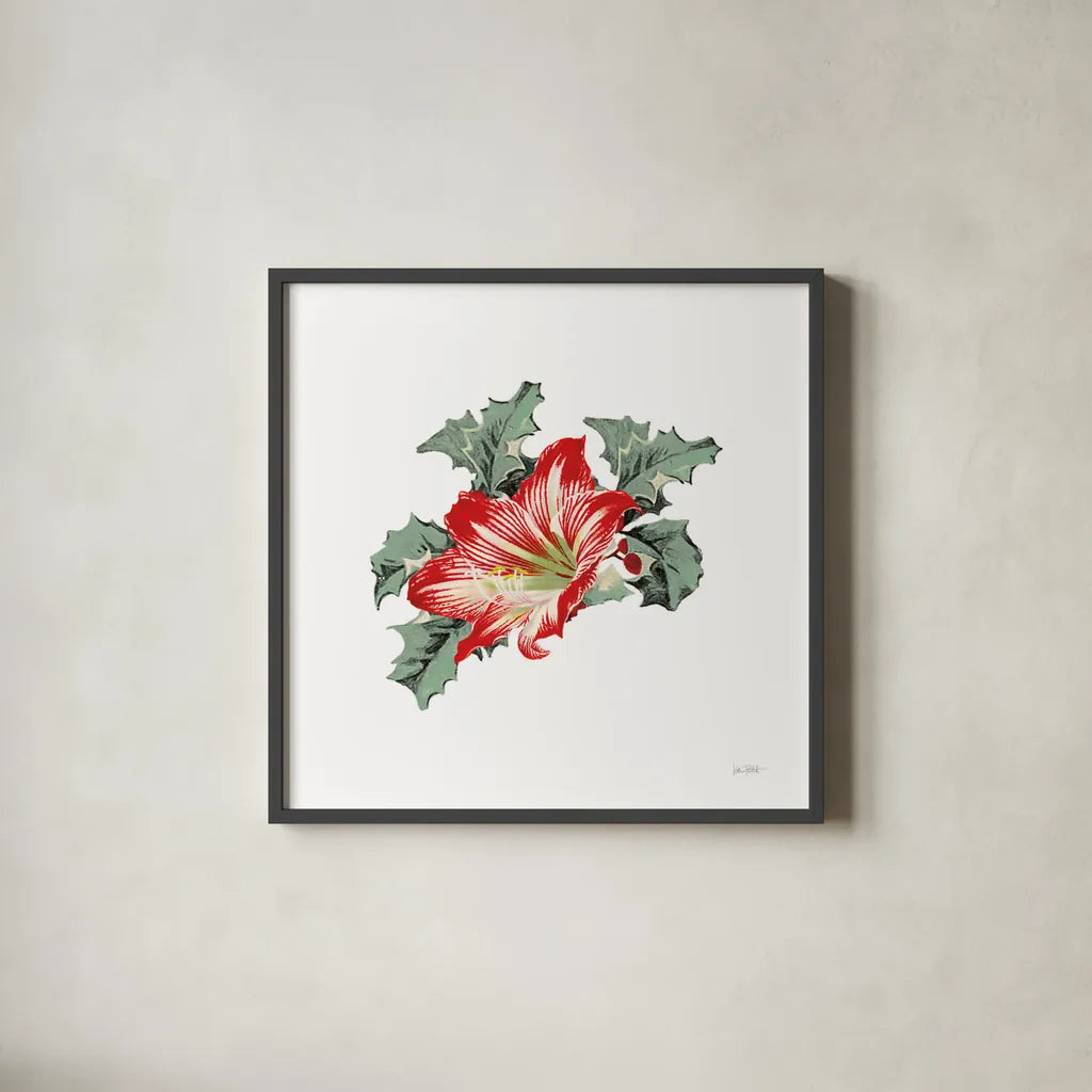 Farmhouse Christmas Floral III by Katie Pertiet. Shown in a sleek black glass frame for a contemporary gallery look. Available as an archival giclee rolled canvas, fine art paper, or poster print. SKU 64780a.