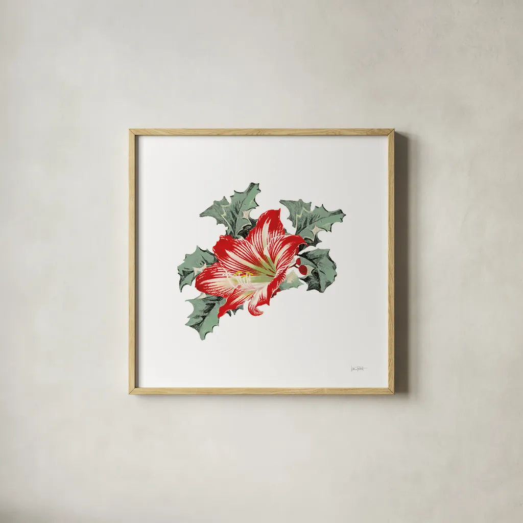 Farmhouse Christmas Floral III by Katie Pertiet. Shown in a natural wood glass frame for a timeless modern aesthetic. Available as an archival giclee rolled canvas, fine art paper, or poster print. SKU 64780a.