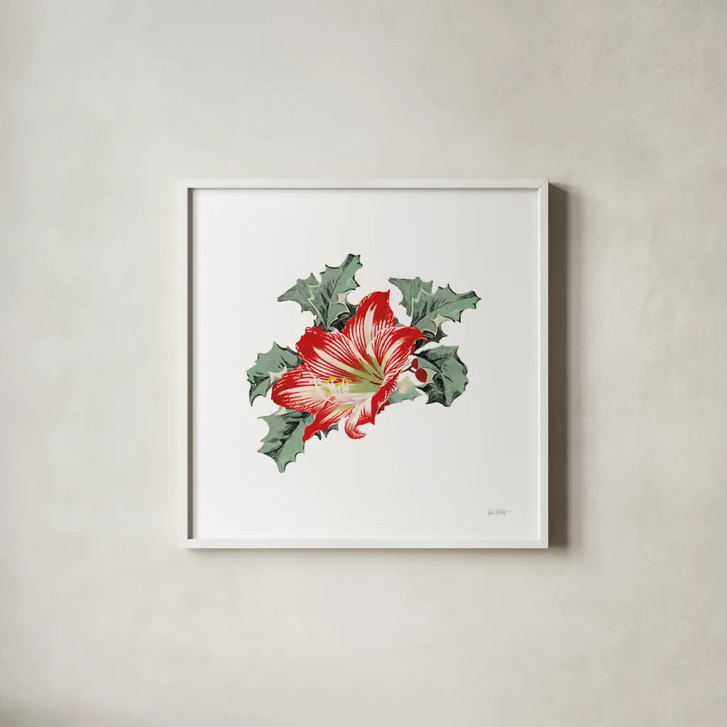 Farmhouse Christmas Floral III by Katie Pertiet. Shown in a crisp white glass frame for a clean and minimalist style. Available as an archival giclee rolled canvas, fine art paper, or poster print. SKU 64780a.