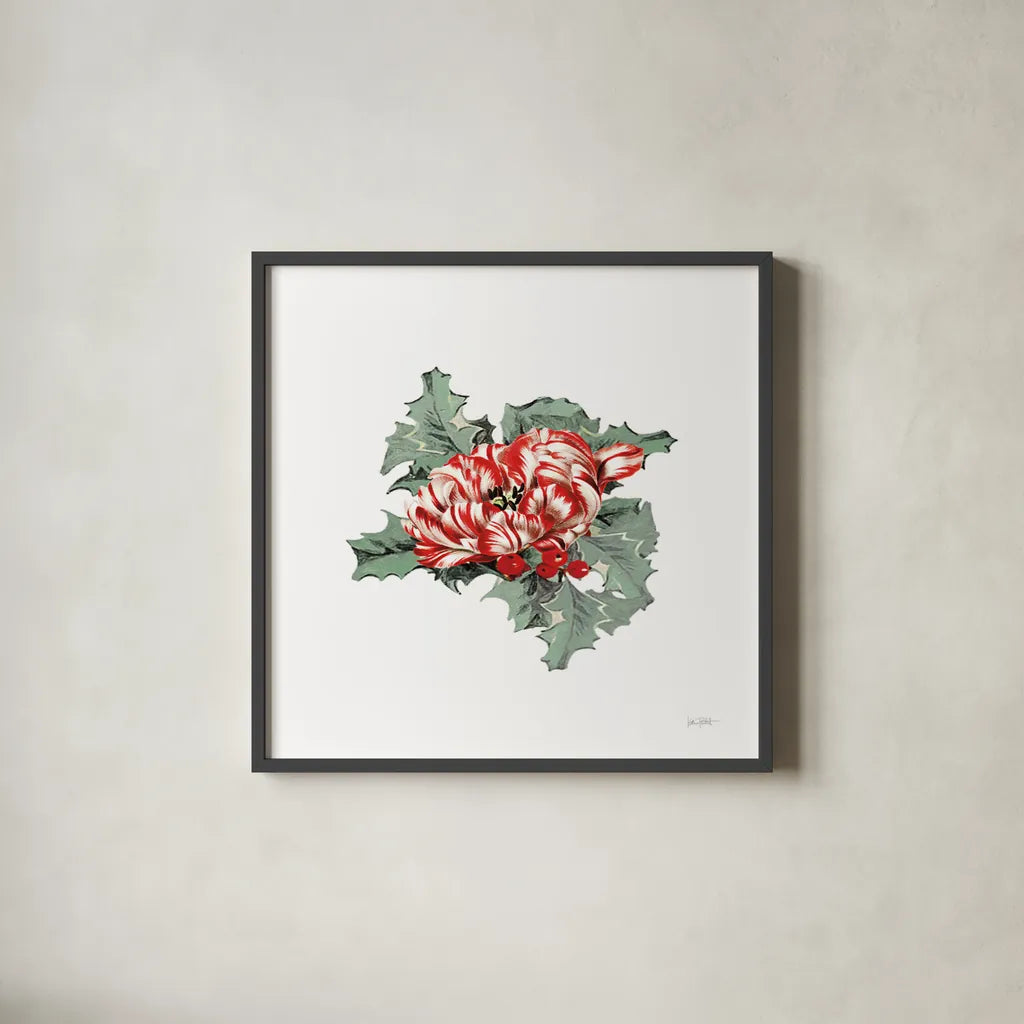 Farmhouse Christmas Floral IV by Katie Pertiet. Shown in a sleek black glass frame for a contemporary gallery look. Available as an archival giclee rolled canvas, fine art paper, or poster print. SKU 64781a.