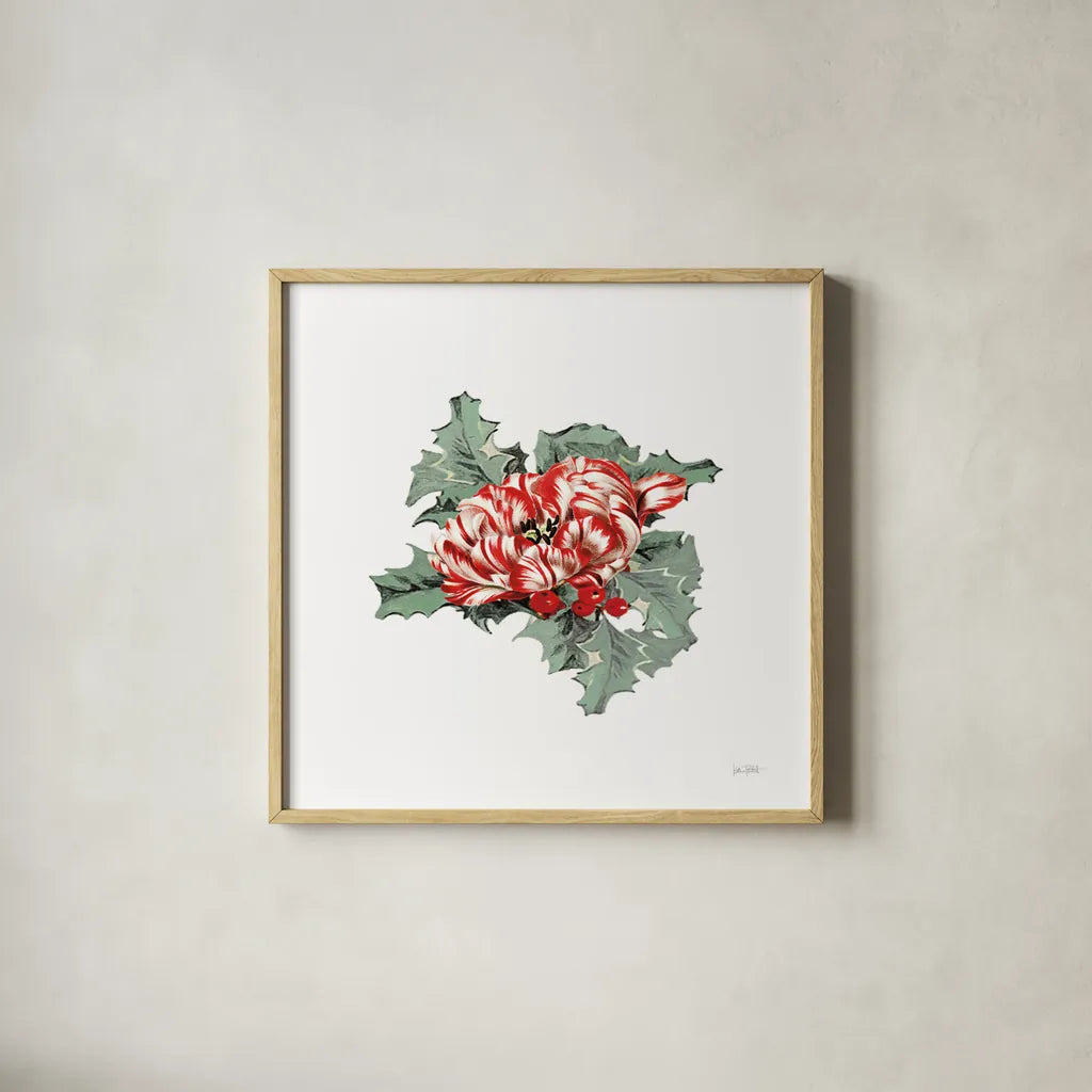 Farmhouse Christmas Floral IV by Katie Pertiet. Shown in a natural wood glass frame for a timeless modern aesthetic. Available as an archival giclee rolled canvas, fine art paper, or poster print. SKU 64781a.