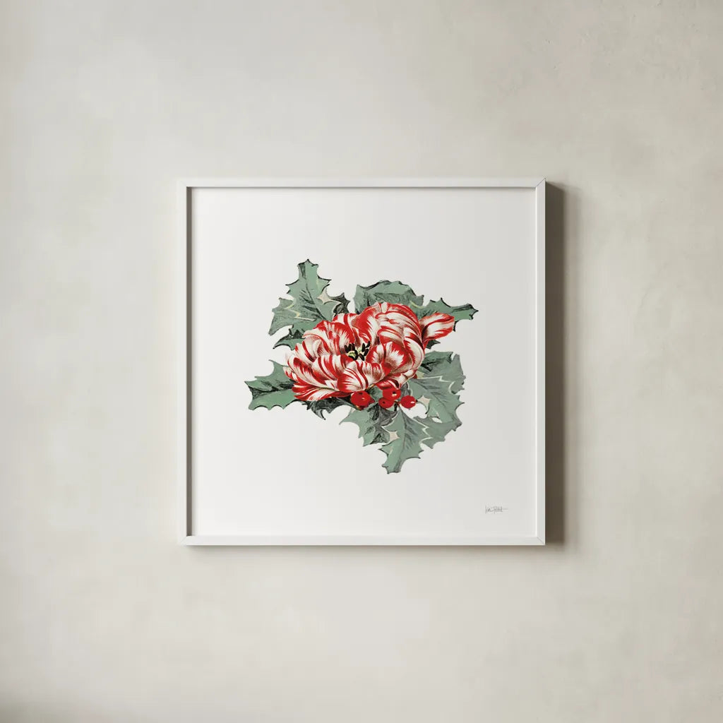 Farmhouse Christmas Floral IV by Katie Pertiet. Shown in a crisp white glass frame for a clean and minimalist style. Available as an archival giclee rolled canvas, fine art paper, or poster print. SKU 64781a.