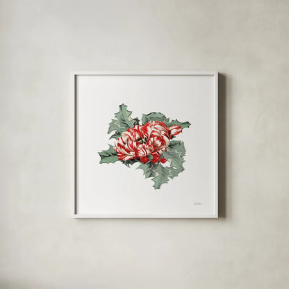 Farmhouse Christmas Floral IV by Katie Pertiet. Shown in a crisp white glass frame for a clean and minimalist style. Available as an archival giclee rolled canvas, fine art paper, or poster print. SKU 64781a.