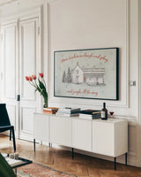 Farmhouse Christmas I by Katie Pertiet. shown as a framed stretched canvas in a living room above a console. Available as a archival giclee rolled canvas, fine art paper, or poster print. SKU 61687i.