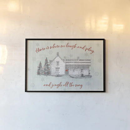 Farmhouse Christmas I by Katie Pertiet. shown as a paper print in a black flame. Available as a archival giclee rolled canvas, fine art paper, or poster print. SKU 61687i.