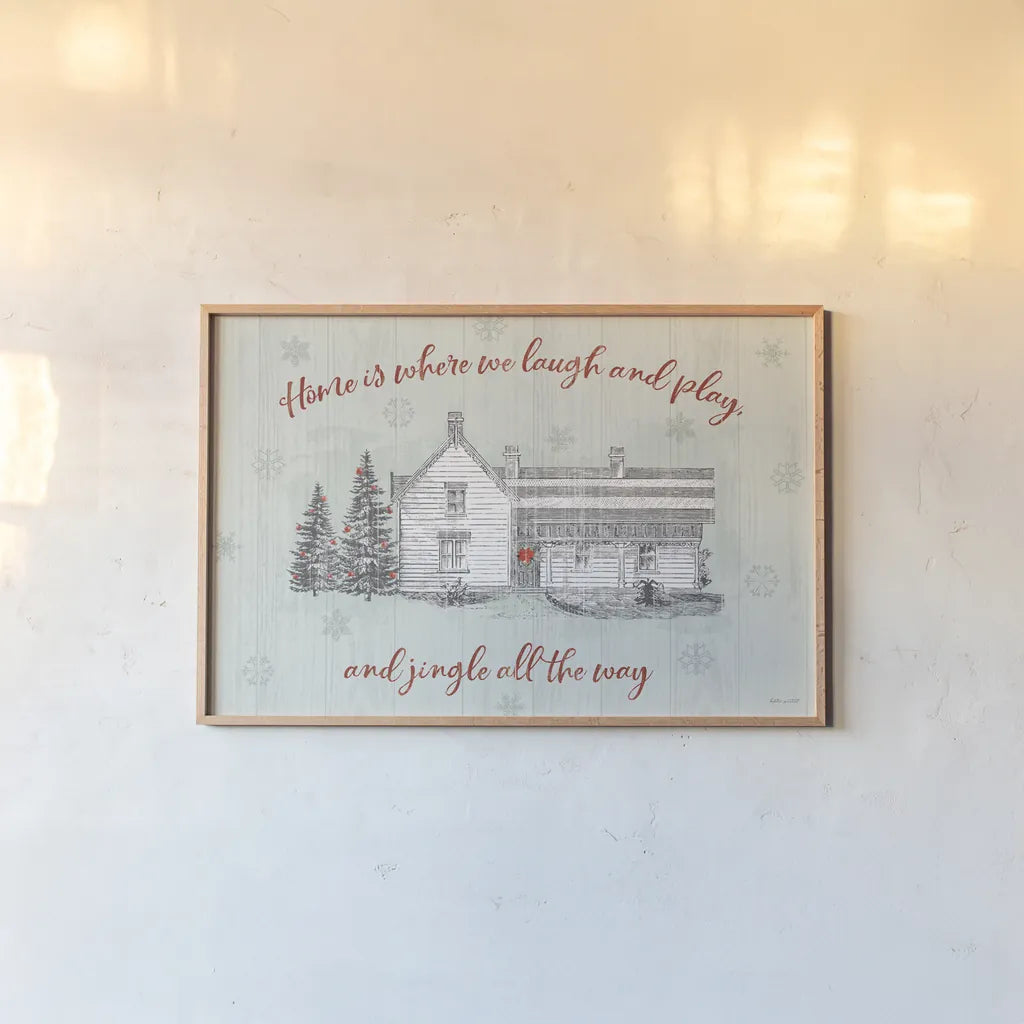 Farmhouse Christmas I by Katie Pertiet. shown as a paper print in a natural frame. Available as a archival giclee rolled canvas, fine art paper, or poster print. SKU 61687i.