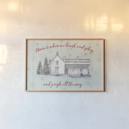 Farmhouse Christmas I by Katie Pertiet. shown as a paper print in a natural frame. Available as a archival giclee rolled canvas, fine art paper, or poster print. SKU 61687i.