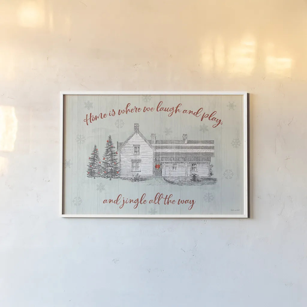Farmhouse Christmas I by Katie Pertiet. shown as a paper print in a white frame. Available as a archival giclee rolled canvas, fine art paper, or poster print. SKU 61687i.
