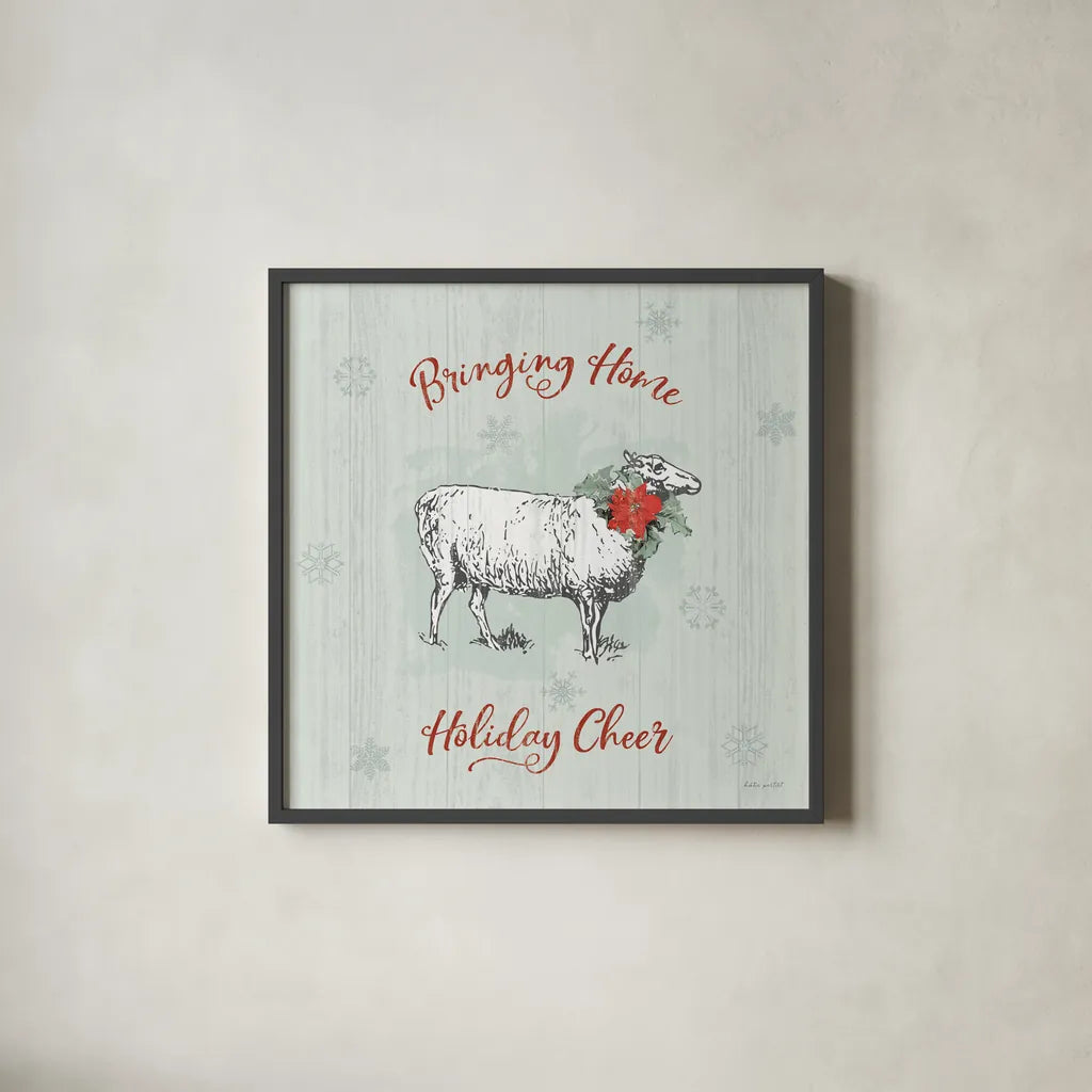 Farmhouse Christmas II by Katie Pertiet. Shown in a sleek black glass frame for a contemporary gallery look. Available as an archival giclee rolled canvas, fine art paper, or poster print. SKU 61688a.