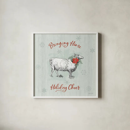 Farmhouse Christmas II by Katie Pertiet. Shown in a crisp white glass frame for a clean and minimalist style. Available as an archival giclee rolled canvas, fine art paper, or poster print. SKU 61688a.