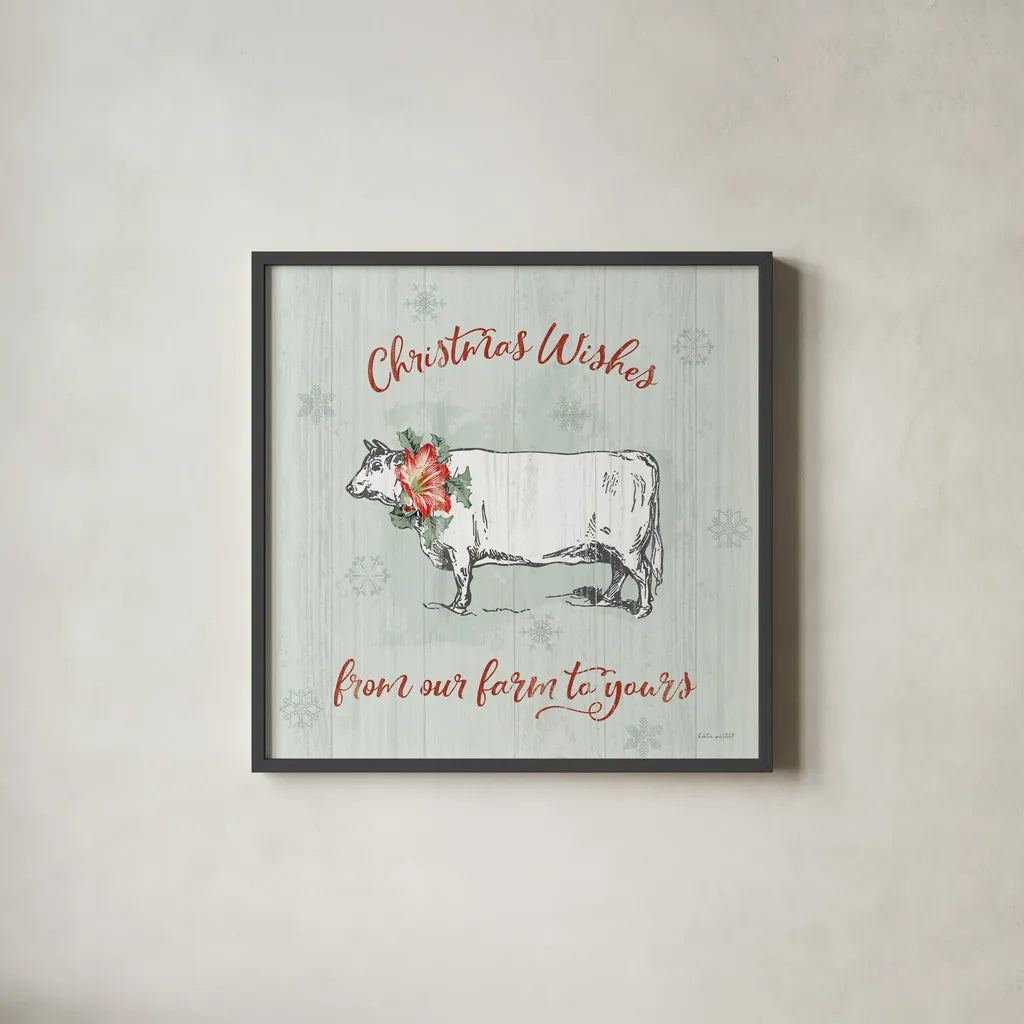 Farmhouse Christmas III by Katie Pertiet. Shown in a sleek black glass frame for a contemporary gallery look. Available as an archival giclee rolled canvas, fine art paper, or poster print. SKU 61689a.