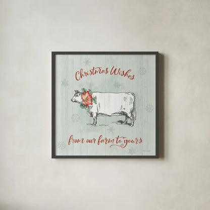 Farmhouse Christmas III by Katie Pertiet. Shown in a sleek black glass frame for a contemporary gallery look. Available as an archival giclee rolled canvas, fine art paper, or poster print. SKU 61689a.