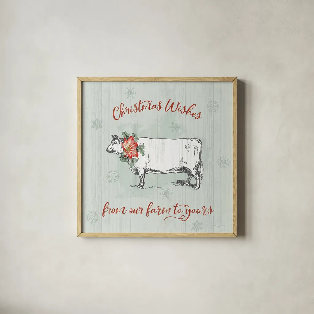 Farmhouse Christmas III by Katie Pertiet. Shown in a natural wood glass frame for a timeless modern aesthetic. Available as an archival giclee rolled canvas, fine art paper, or poster print. SKU 61689a.
