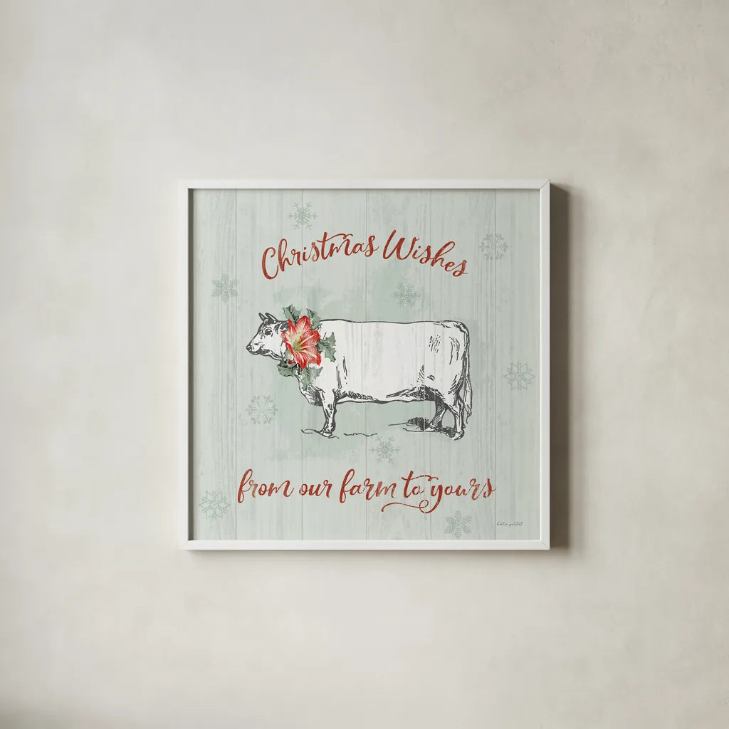 Farmhouse Christmas III by Katie Pertiet. Shown in a crisp white glass frame for a clean and minimalist style. Available as an archival giclee rolled canvas, fine art paper, or poster print. SKU 61689a.