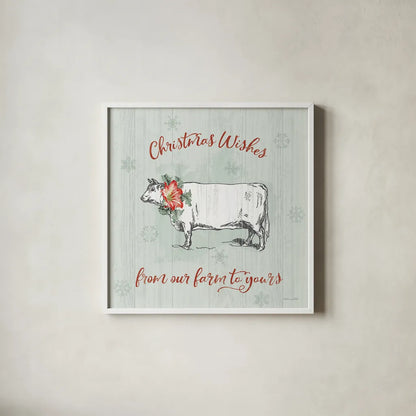 Farmhouse Christmas III by Katie Pertiet. Shown in a crisp white glass frame for a clean and minimalist style. Available as an archival giclee rolled canvas, fine art paper, or poster print. SKU 61689a.