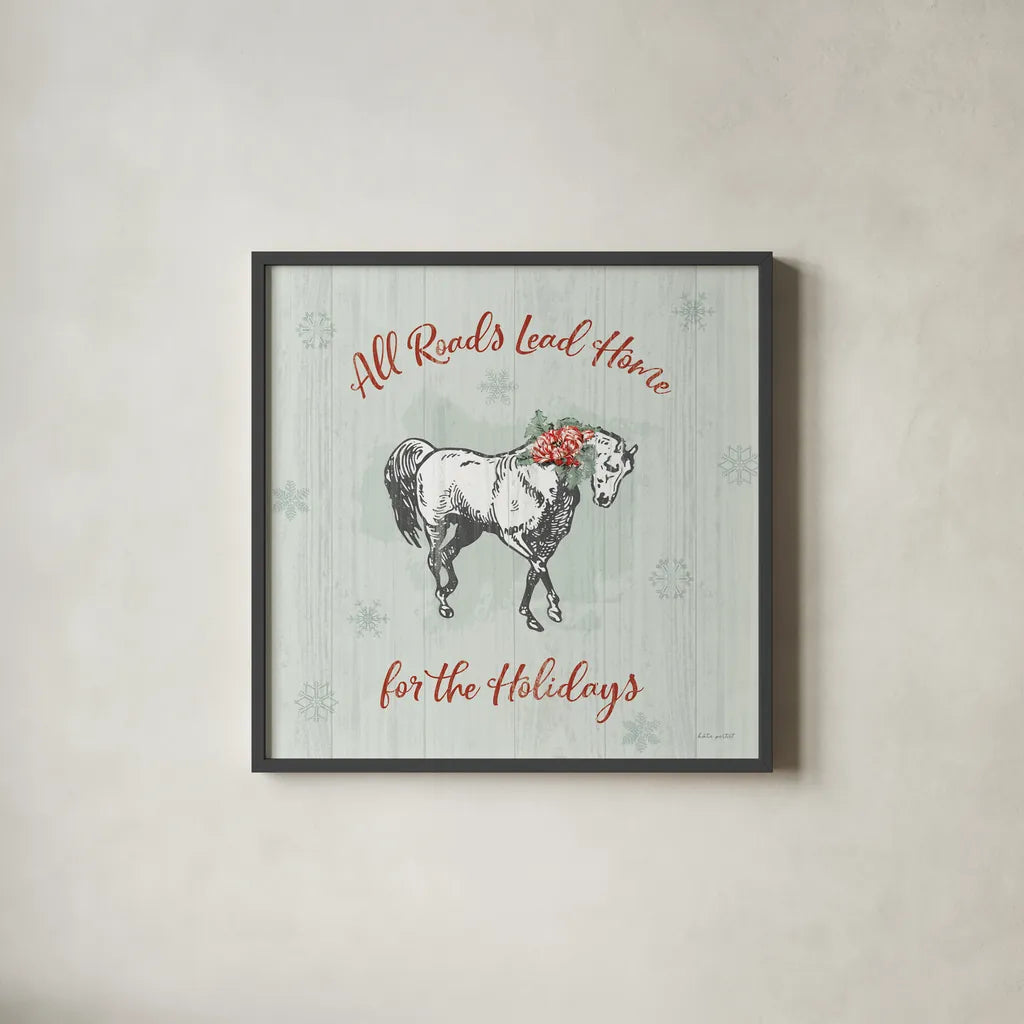 Farmhouse Christmas IV by Katie Pertiet. Shown in a sleek black glass frame for a contemporary gallery look. Available as an archival giclee rolled canvas, fine art paper, or poster print. SKU 61690a.