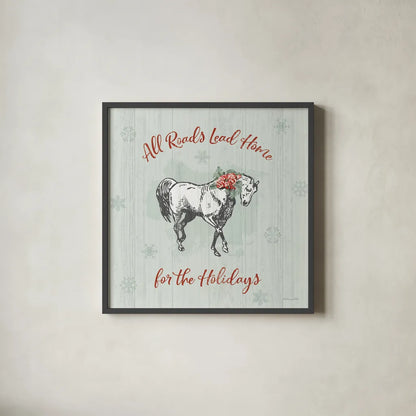 Farmhouse Christmas IV by Katie Pertiet. Shown in a sleek black glass frame for a contemporary gallery look. Available as an archival giclee rolled canvas, fine art paper, or poster print. SKU 61690a.