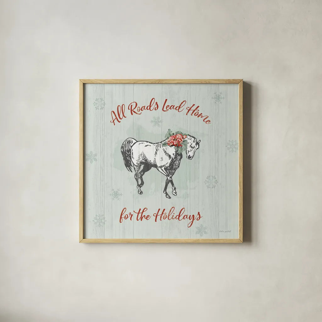 Farmhouse Christmas IV by Katie Pertiet. Shown in a natural wood glass frame for a timeless modern aesthetic. Available as an archival giclee rolled canvas, fine art paper, or poster print. SKU 61690a.